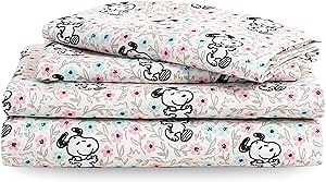 Berkshire Blanket Peanuts® Kids Sheet Set, Full Size - 4 Pieces, Peanuts® Mini Snoopy Spring Floral Happy Dance Soft Grey, Cute Character Snoopy Printed Soft Microfiber Bed Sheets