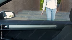 Young Beautiful College Student Girl Getting In Car After Study