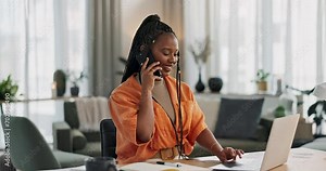 Black woman in home office, phone call and laptop for remote work, social media or content management. Happy girl at desk with computer, cellphone and online chat in house for freelance networking.