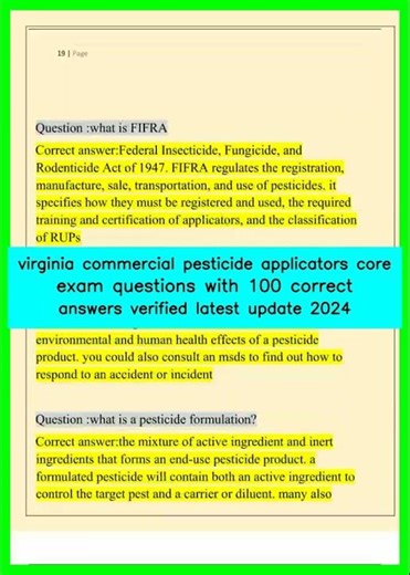virginia commercial pesticide applicators core exam questions with 100 correct answers verified late