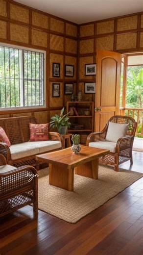 🇵🇭The woven bamboo (amakan) wall panels and rich hardwood flooring create a warm, authentic, and inviting space, characteristic of traditional tropical design. The natural rattan furniture further complements the organic texture and sustainable structure, highlighting a timeless, naturally-lit living area. #TraditionalDesign #NaturalMaterials #SustainableArchitecture #TropicalHome #RattanFurniture #HardwoodFloors #Amakan | Nathaniel Guevarra Navarro
