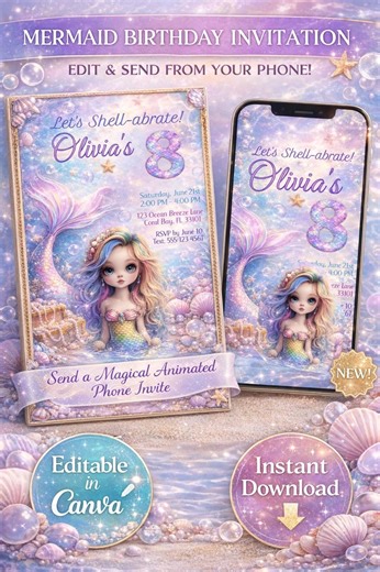 Mermaid Birthday Invitation Editable Canva Template, Animated Phone Invite, Digital Download - Etsy