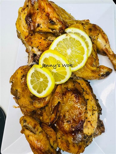 Lemon Butter Chicken Whole chicken cut in two ( as shown) 1 1/2 sticks butter 2 lemon sliced Spices; salt, paprika, lemon pepper, black pepper, onion & garlic powder, ginger powder, oregano, Italian herbs. Method As Shown | Jenny’s Wok