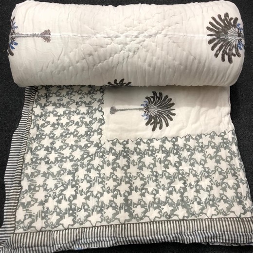 Blue Gray Block Print Bedding Floral Cotton Comforter, Reversible Quilt, Lightweight Bedspread, Boho Cottage Bedding Indian Razai - Etsy