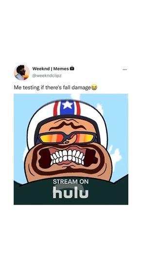 Weeknd | Memes on Instagram: "The video is a humorous take on “fall damage” mechanics often found in video games. It opens with an animated character, wearing a helmet and looking intensely focused, readying himself for a test. A caption states, “Me testing if there’s fall damage 😂.” The character is seen holding onto a strap, then he is launched high into the air, screaming dramatically as he plummets toward a suburban backyard. The perspective shifts to his first-person view, showing the grou