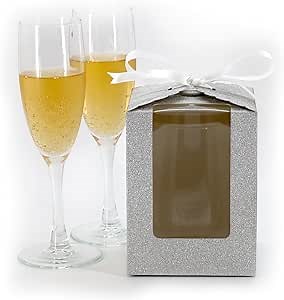 Silver Sparkling Favor Boxex-40 Ct Large 4"x4"x5" Clear Window. Includes 2 Ribbons (40 White 40 Black) Stemless Wine Glass Gift Box. Bottom Insert for Durability. Ideal for Weddings, Events, Christmas