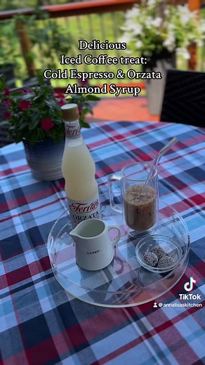 Make a delicious and refreshing iced espresso treat with me at home on this beautiful Summer Monday Afternoon! I love this orzata almond flavored syrup but it was my first time trying it in an iced coffee and let me tell you it was great! Every day when I am home with my kids, I take time in the afternoon to treat myself to a special drink, usually some sort of a coffee drink. Depending on the season, I will make a drink that coordinates with the weather/season. I need that caffeine boost to get
