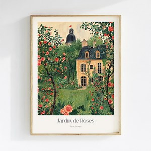 French Rose Garden Watercolor Art Print, Parisian Floral Wall Decor, Botanical Cafe Art, Cottagecore Kitchen Decor for Francophiles - Etsy