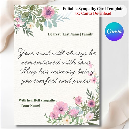 Editable Sympathy Card Template | Floral Condolence Card Canva Download | Memorial Funeral Card Printable | Aunt Loss Sympathy Card - Etsy