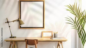 Video of modern desk setup in a home office with white wall and sunlight effect from the window.