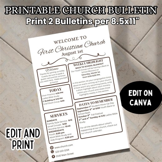 Editable Church Bulletin Template: Printable Sunday Service Program, Canva, 8.5x11 - Etsy
