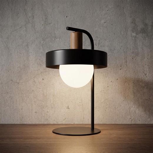 Black Table Lamp With a Wooden Element and a White Glass Globe - Etsy
