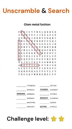 Unscramble Word Search Puzzle - Glam Rock Fashion