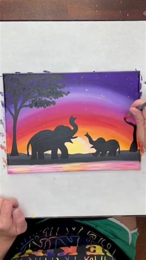 Elephants At Sunset Painting 🌅