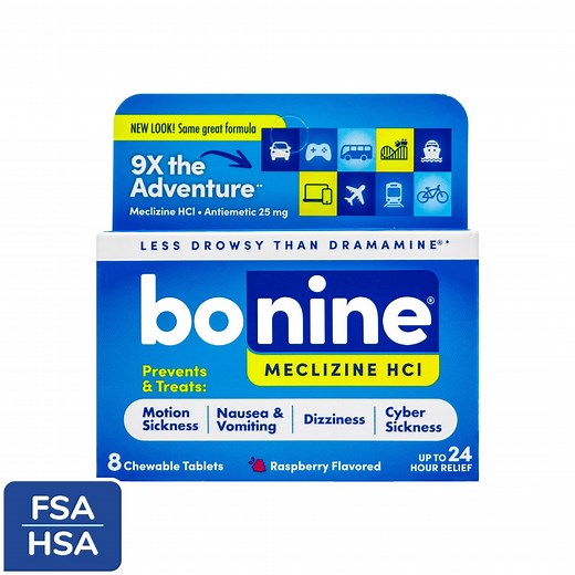Bonine Motion Sickness Relief Chewable Tablets, Raspberry Flavor, 8 Count