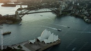 Aerial view of Sydney Harbor Bridge climb at sunset Australia