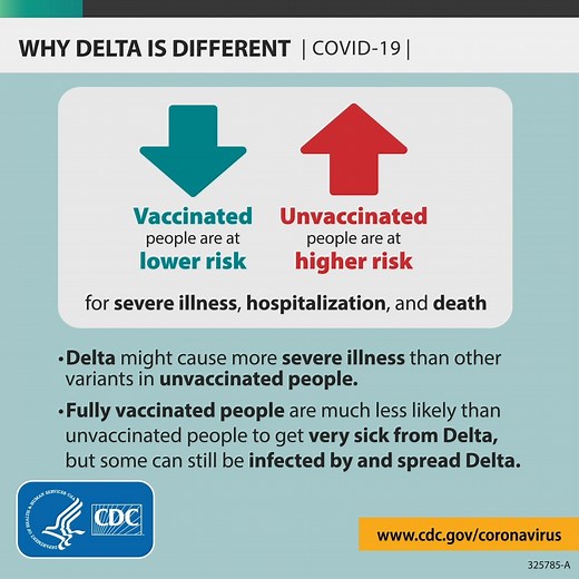 The Delta variant of the virus that causes COVID-19 spreads more easily than other variants and may cause more severe illness. COVID-19 vaccines significantly reduce the risk of severe illness. Vaccination is more urgent than ever. Learn more about why Delta is different: https://bit.ly/3iuDnTQ. | CDC