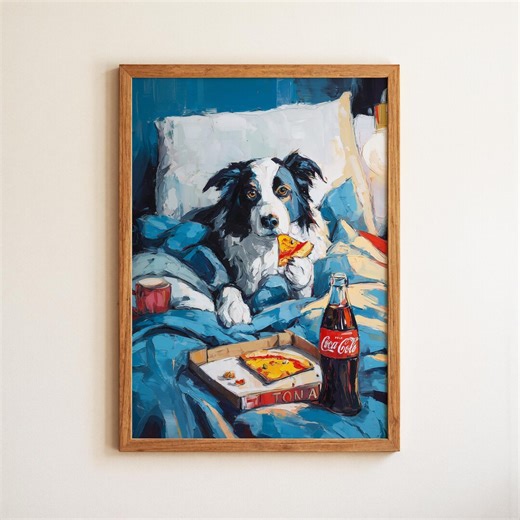 Border Collie Eating Pizza in Bed Cozy Bedroom Print, Food Art, Whimsical Dog Painting - Etsy