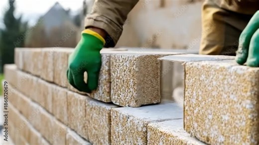 Workers stack building blocks carefully in an outdoor area under clear skies. Steps show the block placement process