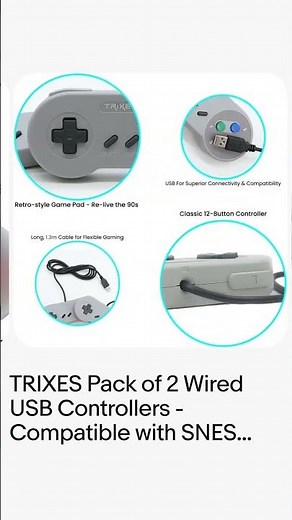 TRIXES Pack of 2 Wired USB Controllers - Compatible with SNES Emulators - Retro