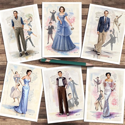 Classic Hollywood Musical Song and Dance Note Cards, Art Illustrations, Set of 6 - Etsy