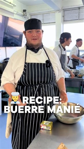 New recipe alert! 🧑‍🍳 Oscar, from Level 3 Professional Cookery at Trowbridge, is showing us how to create Beurre manié (French for 'kneaded butter'), which is a thickener made from equal parts of softened butter and flour. 🧈 Beurre manié is used to instantly thicken sauces, soups and stews by whisking it into hot liquid, melting the butter and releasing the flour without forming lumps. Try this out for your next home-made sauce! 🍲 Interested in our culinary courses? Find out more on our webs