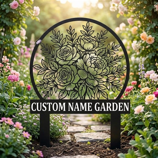Custom Name Garden Sign, Personalized Rose Flower Metal Stake, Peony Garden Decor, Floral Garden Name Plate - Etsy