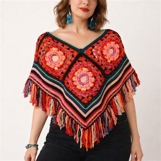 Crochet Poncho Pattern, Boho Granny Square Shawl With Fringe (PDF Tutorial) - Etsy