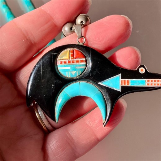 Vintage Zuni Sterling Silver Bear Pendant Necklace: Inlay Turquoise, Coral, Jet, Signed Boy Apache - Etsy