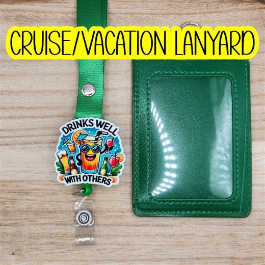 CRUISE/VACATION Retractable Badge Reel Lanyard "drinks Well With Others" Green Lanyard & ID Sleeve - Etsy