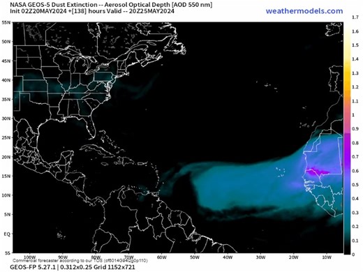 Animated graphic showing the SAL / Saharan Air Layer. Dust from Africa. Normal this time of year. Some trying to reach SFL. Next plume reaching the Caribbean beginning of next week. | Mike's Weather Page