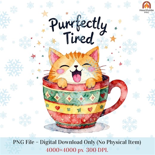 Sleepy Christmas Cat Sublimation PNG, Watercolor Tabby Clipart, Funny Holiday Kitten Design, Cozy Winter Animal for Shirt Mug Tote - Etsy