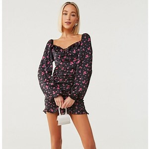 NWT Forever 21 Black Pink Floral Print Mini Dress Ruched BodyCon Size Medium