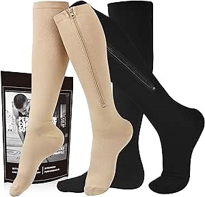 Zipper Compression Socks, 2 Pairs 15-20 mmHg Closed Toe Compression Stockings for Men Women