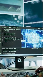 Vertical Video Cybersecurity expert oversees intelligence gathering through AI brain visualization and neural network, algorithms to collect real time data from surveillance systems. Digital science