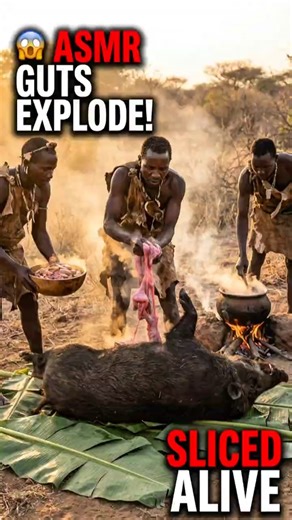REAL Hadzabe Tribe Boar Slaughter Sounds 🍲🔥🔊 #shorts #HadzabeTribe #tribalcooking