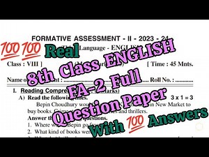 8th Class 💯8FA-2 ENGLISH Real Question Paper with 💯Answer | FA-2 English Question Paper with Answer