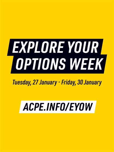 Explore Your Options Week is happening next week at ACPE, and it’s your chance to get real clarity on your future study options — no pressure, just honest guidance. Join us for: 👤 Personalised one-on-one study advice tailored to your goals 🚶 Guided campus tours to see where you could be studying 🎙️ Relaxed chats with our team and Heads of Department Whether you’re finishing school, changing direction, or just exploring your options, this week is designed to help you find the path that fits yo