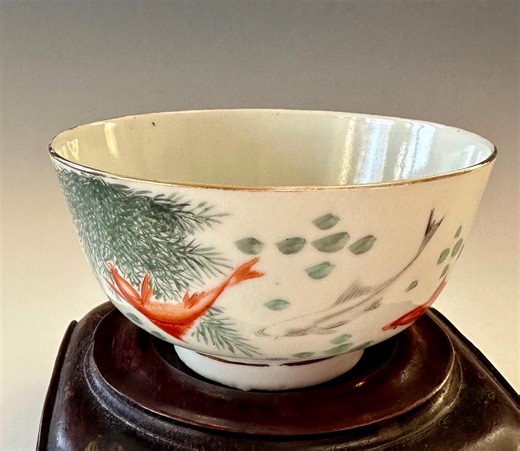 Hand-painted Chinese Porcelain Bowl, Fish and Seaweed Gilded Glaze - Etsy
