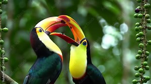 Toucan eating a berry in a lush green forest