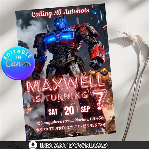 Transformers Birthday Invitation Editable Template, Robot Battle Party Invite, Cyber Robot Kids Digital Download, Boy Action Bumblebee Card - Etsy