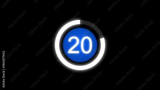 25 Second circular countdown animation from 25 to 0. 25 second countdown timer with shrinking white circular frame.