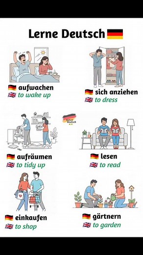 🇩🇪 Lerne Deutsch mit Alltagshandlungen! Einfach – klar – und perfekt für Anfänger! 🌟 📌 aufwachen – to wake up 📌 sich anziehen – to dress 📌 aufräumen – to tidy up 📌 lesen – to read 📌 einkaufen – to shop 📌 gärtnern – to garden Mit solchen Bildern lernst du Wörter viel schneller! 💡 👉 Speichere den Beitrag, um später zu üben! #germanlanguage #deutschland #deutschlernen #easygerman #de #DeutschIstEinfach #deutschland #Deutschlernen #german #GermanTraditions #GermanLanguage | Easygerman01