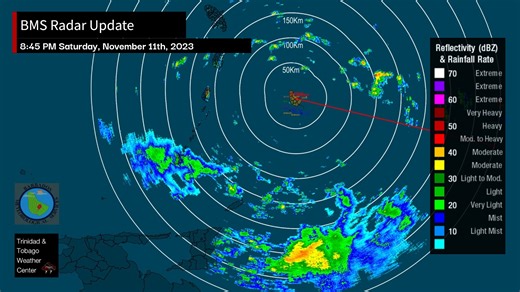 11K views · 166 reactions | 8:45 PM - Light to moderate rainfall is moving across mainly Trinidad, with isolated moderate to heavy pockets affecting parts of eastern Trinidad, interrupting cloudy skies. In heavy rainfall, gusty winds up to 55 KM/H are possible. What's the weather like in your area? Forecast: https://ttweathercenter.com/2023/11/11/unsettled-weather-forecast-across-tt-for-divali/#:~:text=Saturday%20Evening%20%26%20Night | Trinidad and Tobago Weather Center | Facebook