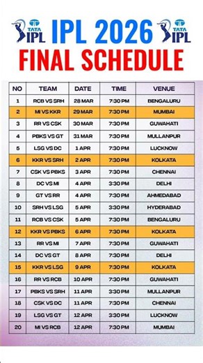 IPL 2026 Schedule Time Table | IPL Schedule 2026 | IPL Time Table 2026 | #IPL