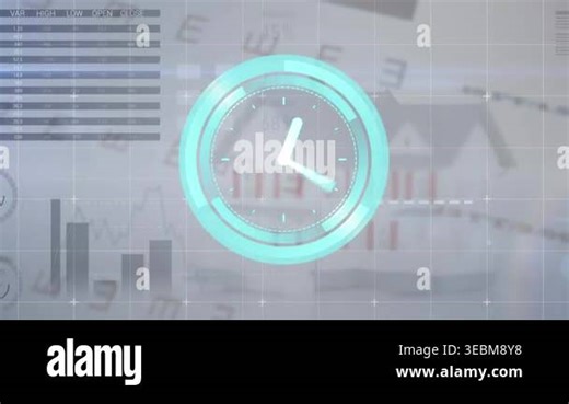 Animation of data processing over clock moving. Global business and digital interface concept digitally generated video Stock Video Footage - Alamy