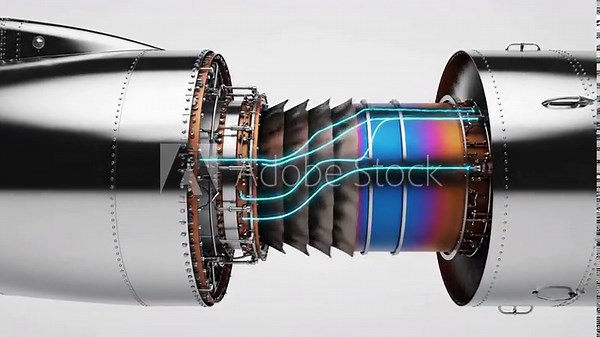 Jet engine detailed sectional view highlighting internal components and structures