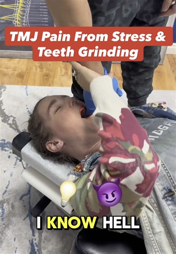 She came in with severe TMJ pain from stress and grinding her teeth. • Jaw tightness • Clicking and popping • Headaches • Neck tension • Pain while chewing When stress goes up, the jaw clamps down. Chronic teeth grinding (bruxism) overloads the temporomandibular joint, tightens the surrounding muscles, and irritates the nerves that connect the jaw, head, and neck. The jaw doesn’t work alone. It’s connected to: \t•\tThe upper cervical spine \t•\tThe trigeminal nerve \t•\tPosture \t•\tThe nervous
