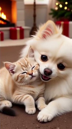 White Pomeranian and Kitten Held Close on a Cozy Christmas Walk
