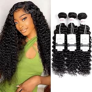 12A Deep Wave Human Hair Bundles 14 16 18 Inch Curly Bundles Human Hair 100% Unprocessed Human Hair Bundles Deep Wave Weft Extensions Weave Natural Black (300g)